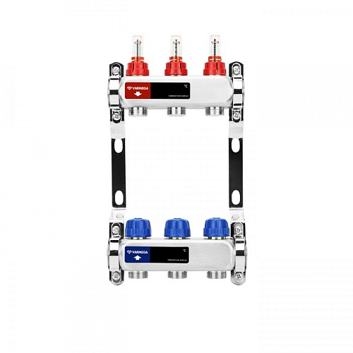 Коллекторная группа для теплого пола с расходомерами ВР 1&amp;quot;, на 3 контура 3/4&amp;quot; EK, нержавеющая сталь, Varmega