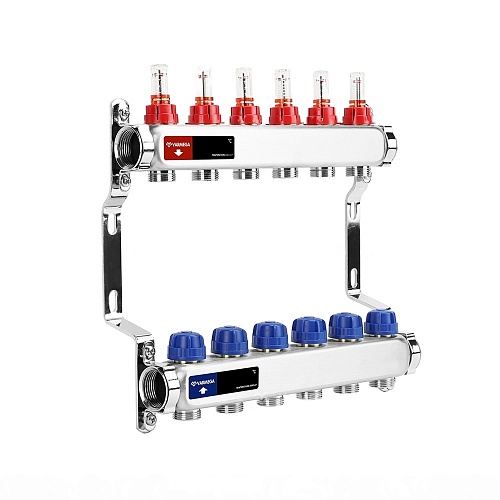 Коллекторная группа для теплого пола с расходомерами ВР 1&amp;quot;, на 6 контуров 3/4&amp;quot; EK, нержавеющая сталь, Varmega