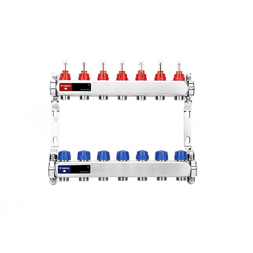 Коллекторная группа для теплого пола с расходомерами ВР 1&amp;quot;, на 7 контуров 3/4&amp;quot; EK, нержавеющая сталь, Varmega