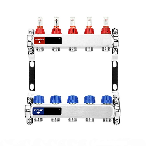 Коллекторная группа для теплого пола с расходомерами ВР 1&amp;quot;, на 5 контуров 3/4&amp;quot; EK, нержавеющая сталь, Varmega