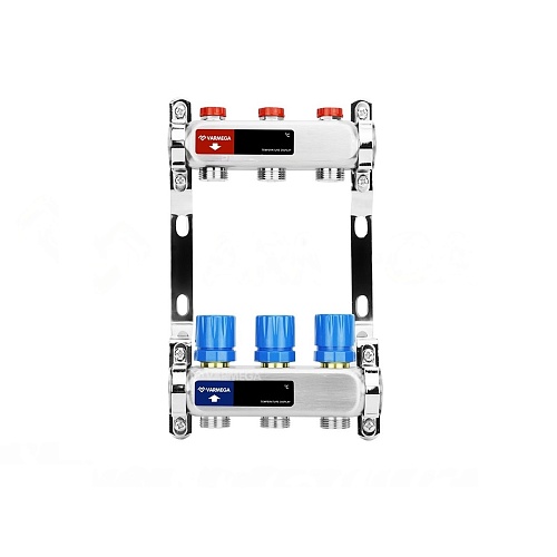 Коллекторная группа для отопления ВР 1&amp;quot;, на 3 контура 3/4&amp;quot; EK, нержавеющая сталь, Varmega
